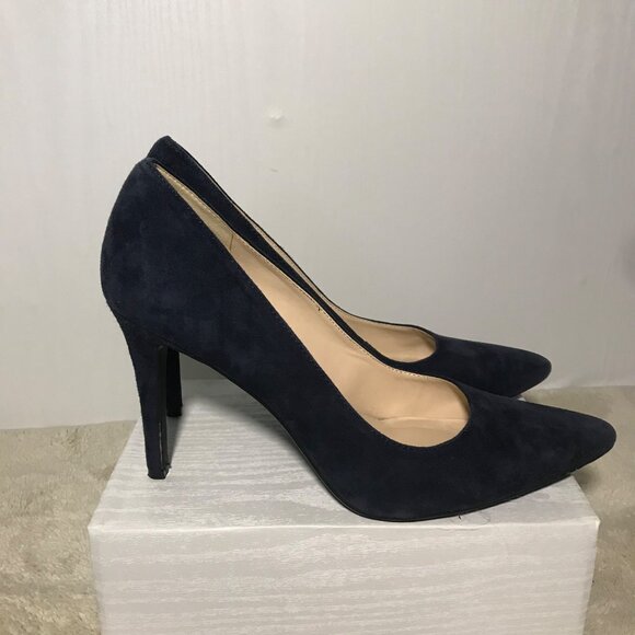 Nine West Etta Pumps 8 1/2 Navy Blue Point Toe Suede Leather Heels Womens - Picture 7 of 14